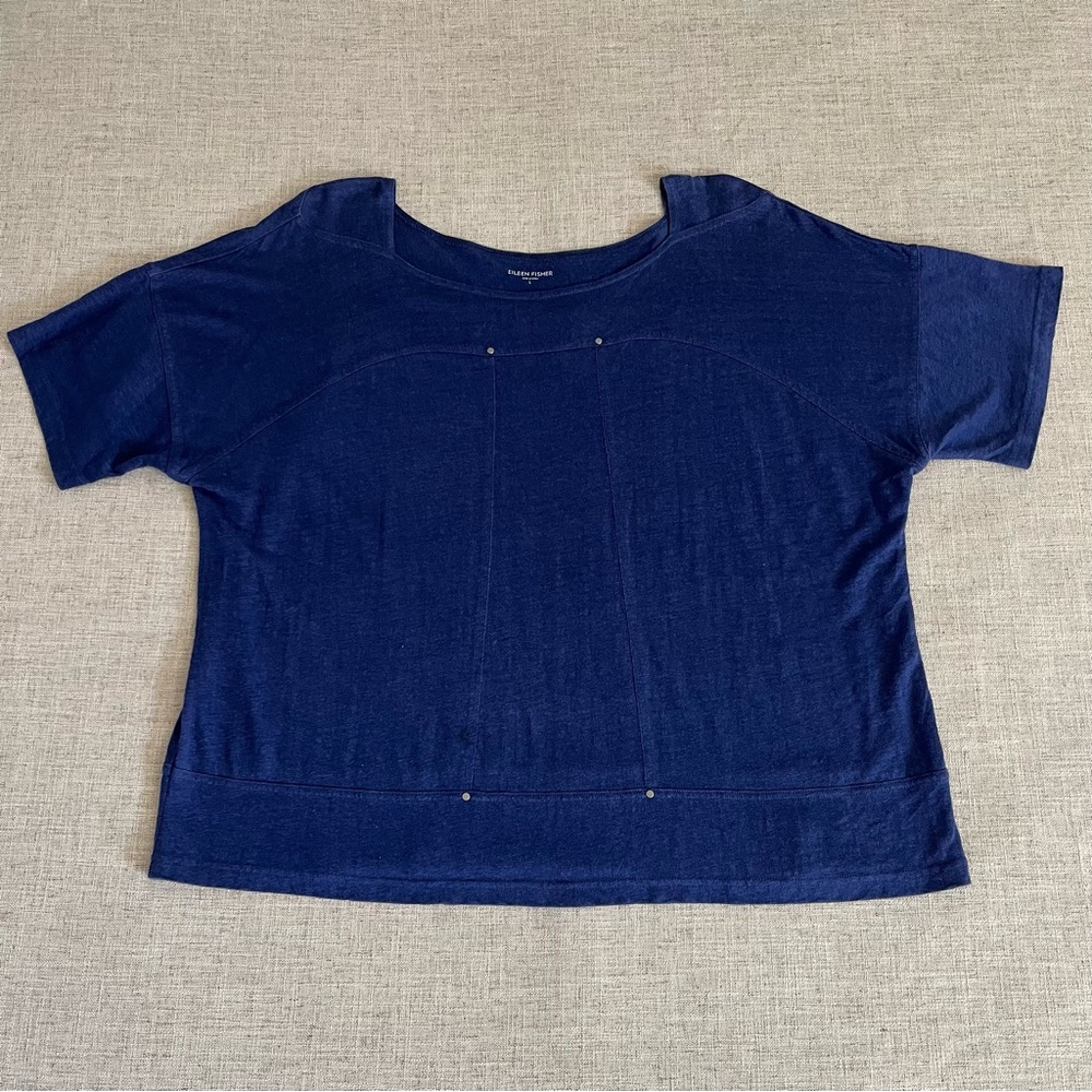 Eileen Fisher Shirt Women L  Blue Linen Boxy Dolman Short Sleeve Nautical Studs
